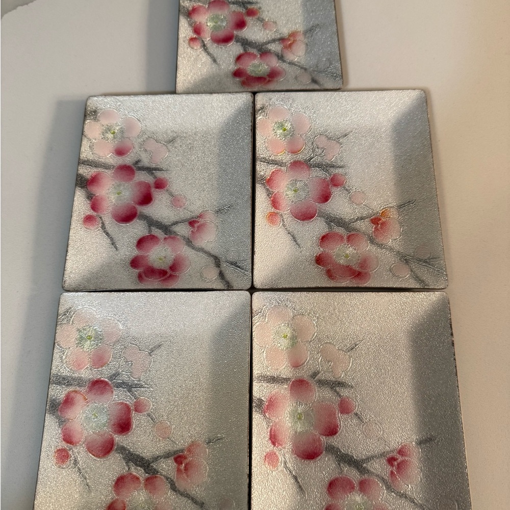 Vtg Tutanka Enamel Cloisonne Decorative Cherry Blossom Set Of 5 Trays